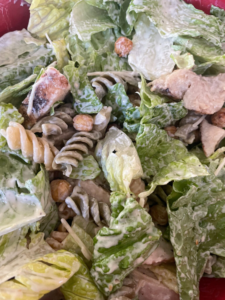 Chicken Caesar Pasta Salad with Chickpea Croutons